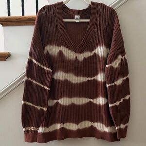 Sew Love Brown & Cream Striped Knit V-Neck Sweater – Size L (New)
